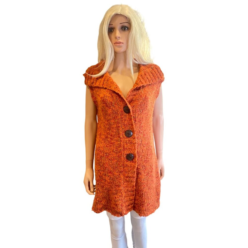 Chico's Crochet Long Sweater Cardigan Vest W's M Wool Blend Orange Fall Chunky - Picture 1 of 12